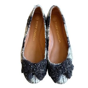 $298 TORY BURCH Crystal Bow Black White Wool Tweed Ballet Flats Shoes SZ 6.5 EUC